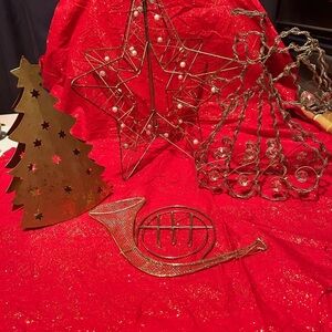 Christmas gold- French horn- wire angel- wire star- metal Christmas tree-used